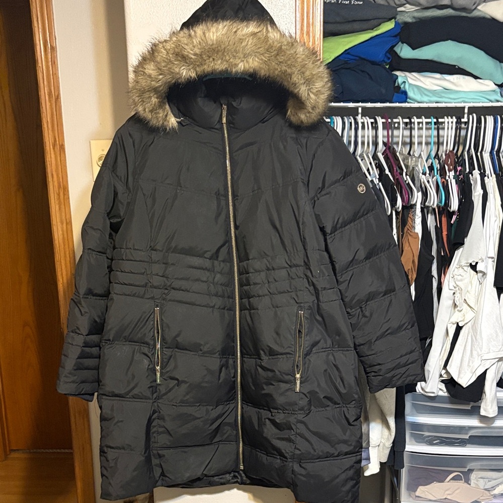 MK Women's Black Fur-Trimmed Hooded Coat